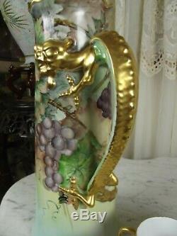 Antique J. P. L Limoges Hand Painted Tankard Grapes Gold Dragon Handle 15