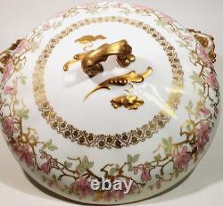 Antique Jean Pouyat Limoges Pink Lilies Gold Encrusted Large Oyster Tureen