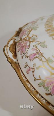 Antique Jean Pouyat Limoges Pink Lilies Gold Encrusted Large Oyster Tureen
