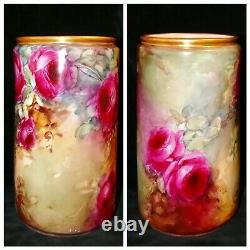 Antique LIMOGES D CDeliniers&Cie1879-1900 H/P Roses Cylindrical Baluster Vase