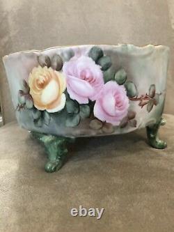 Antique LIMOGES D&C France Handpainted Footed CENTERPIECE Jardiniere Pink ROSES