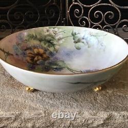 Antique LIMOGES France Bowl Hand Painted Gold Gilt Floral Porcelain Footed
