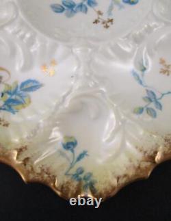 Antique LIMOGES Handled OYSTER PLATE BLUE flowers, GOLD M. REDON c. 1892 -'96