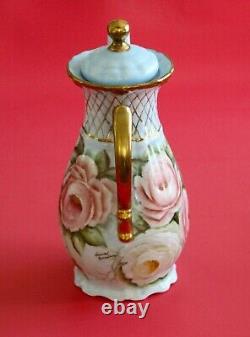 Antique LIMOGES Porcelain HandPainted Teapot & Sugar Bowl Roses Gold! Signed