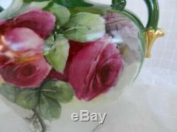 Antique LIMOGES Porcelain Handled VASE Hand Painted Hugh Roses Pouyat