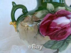Antique LIMOGES Porcelain Handled VASE Hand Painted Hugh Roses Pouyat