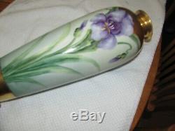 Antique Limoges 12 1/2 Hand Painted Gold Accents Art Nouveau Floral Iris Vase