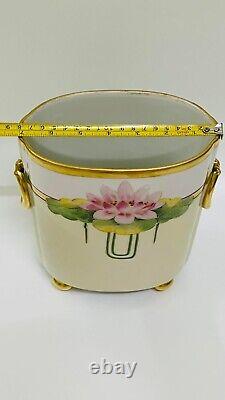 Antique Limoges 1900-1932 France Hand Painted 2 Sides Lotus Floral Cachepot Vase