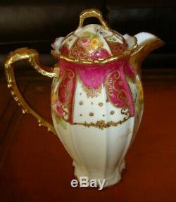 Antique Limoges B&h Hand Painted Chocolate Coffee Tea Pot, Roses & Gold, 10