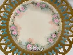 Antique Limoges Cabinet Plate Pink Roses Reticulated Hand Painted Gold France