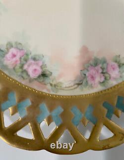 Antique Limoges Cabinet Plate Pink Roses Reticulated Hand Painted Gold France