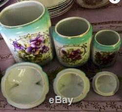 Antique Limoges Canister Set, Hand Painted Violet Pansies, Turquoise