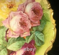 Antique Limoges Coronet France Hand painted Charger Roses Signed DUVAL 11.5