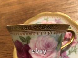 Antique Limoges Coronet Tea Cup & Saucer with Pink Hand-Painted Roses & Gold Trim