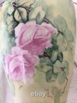 Antique Limoges D&C France Hand Painted Vase Large 11 Pink Roses Green