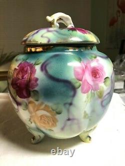 Antique Limoges Footed Cracker Biscuit Jar Hand Painted Roses & Purple Robbons