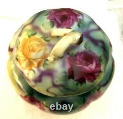 Antique Limoges Footed Cracker Biscuit Jar Hand Painted Roses & Purple Robbons