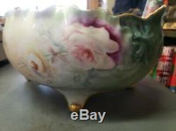 Antique Limoges France Elite Works Hand Painted Gold-Footed Bowl Cabbage Roses