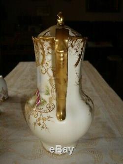 Antique Limoges France Hand Painted Chocolate Coffee Tea Pot, Heavy Gold, 10