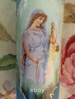 Antique Limoges France Hand Painted Lady Roses Beaded Porcelain Cylinder Vase