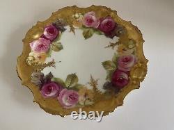 Antique Limoges France Hand Painted Rose Plate w Heavy Gold 1890