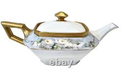 Antique Limoges France Hand Painted Teapot Sugar & Creamer White Roses & Gilding