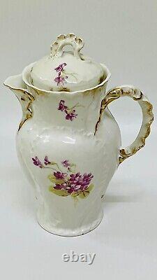 Antique Limoges France Hand Painted Violets Floral Coffee Tea Pot, Excellent