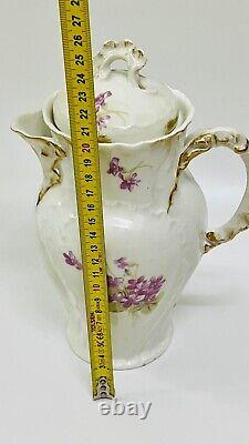 Antique Limoges France Hand Painted Violets Floral Coffee Tea Pot, Excellent