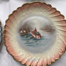 Antique Limoges France LS & S Import Handpainted Porcelain Fish Plates Set of 11
