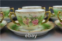 Antique Limoges France Porcelain 6 Boullion Cups & Saucers with Hand Painted Roses