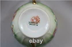 Antique Limoges France Porcelain 6 Boullion Cups & Saucers with Hand Painted Roses