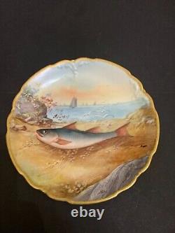 Antique Limoges France Seascape and Fish Hand Painted Cabinet Plate