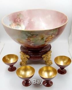 Antique Limoges Grapes Hand Painted Cups Punch Bowl Vase Set. 6 Pc