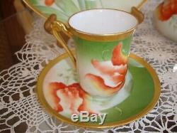 Antique Limoges Hand Painted Chocolate Coffee Tea Set, Pot, 2 Cups, Plate, Tulip