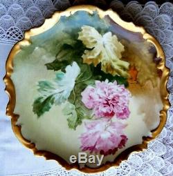 Antique Limoges Hand Painted Flowers Gold Trim Cake Plate, Signed Artist, 10