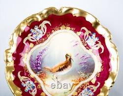 Antique Limoges Hand Painted Game Bird Small Bowl Signed Muville Fuchsia & Gold