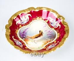 Antique Limoges Hand Painted Game Bird Small Bowl Signed Muville Fuchsia & Gold