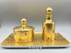Antique Limoges Hand Painted Gold Flor De Lis Dresser Vanity Set Made in France