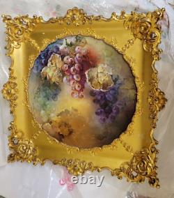 Antique Limoges Hand Painted Grape Plate 16 inch in Gold Wooden Frame