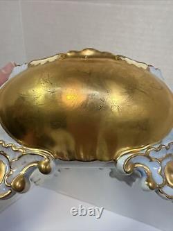 Antique Limoges Hand Painted Lusterware Blue Gold Footed Centerpiece Bowl