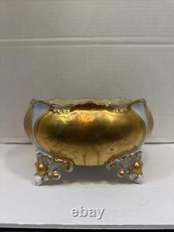 Antique Limoges Hand Painted Lusterware Blue Gold Footed Centerpiece Bowl