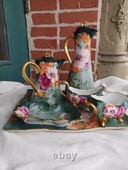 Antique Limoges Hand Painted Pink Floral Artist Signed 1905 Porcelain Tea Set