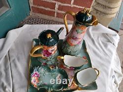 Antique Limoges Hand Painted Pink Floral Artist Signed 1905 Porcelain Tea Set