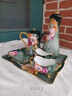 Antique Limoges Hand Painted Pink Floral Artist Signed 1905 Porcelain Tea Set