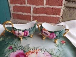 Antique Limoges Hand Painted Pink Floral Artist Signed 1905 Porcelain Tea Set