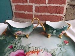 Antique Limoges Hand Painted Pink Floral Artist Signed 1905 Porcelain Tea Set