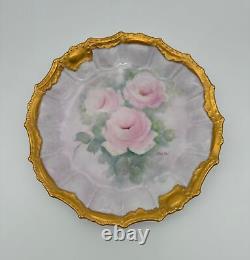 Antique Limoges Hand-Painted Pink Roses Plate Signed by Theola with Gold Trim