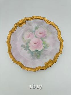 Antique Limoges Hand-Painted Pink Roses Plate Signed by Theola with Gold Trim