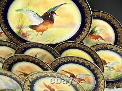 Antique Limoges Hand Painted Platter 12 Plates Birds Game Gold Gild Dinner Set