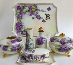 Antique Limoges Hand Painted Purple Floral Vanity Dresser Tray Set 7 Pieces